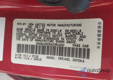 2010 Toyota Corolla Le z USA, uszkodzony, nr VIN 1NXBU4EE5AZ381200